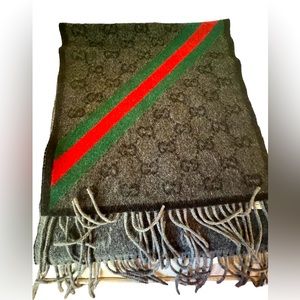 GUCCI Nikky GG Monogram Gray Wool Alpaca Knit Scarf Web Green Red Unisex Fringe